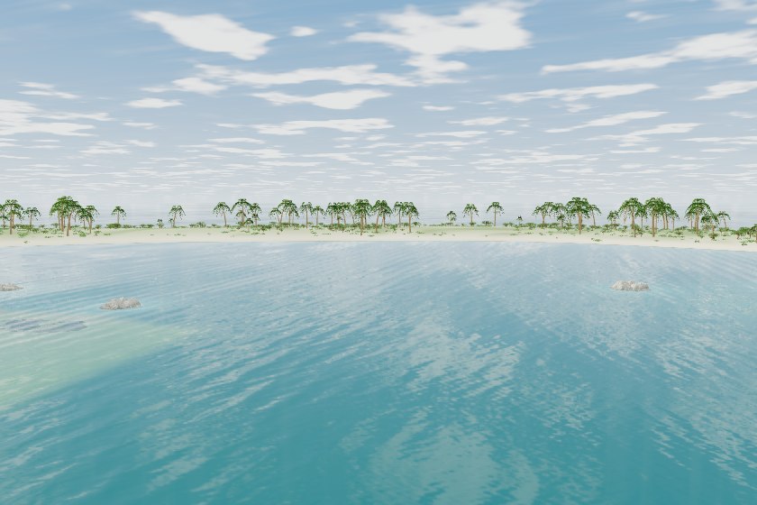Palm islands and turquoise lagoon water in Hull 82’s Pearl Atoll.